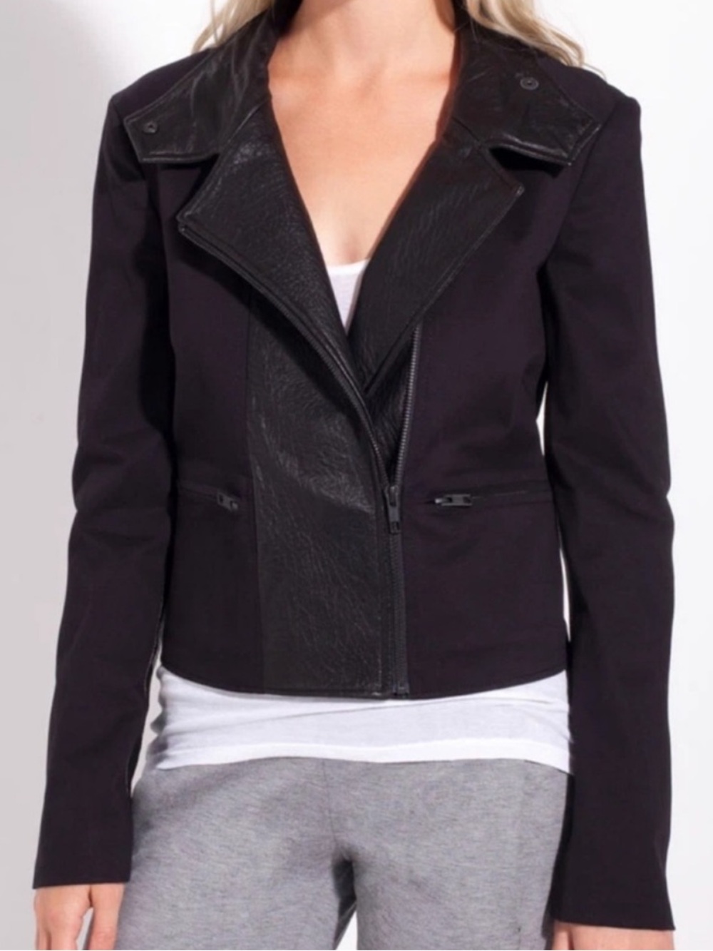 Theory Women Velea Black Leather Panel Jacket Size Large